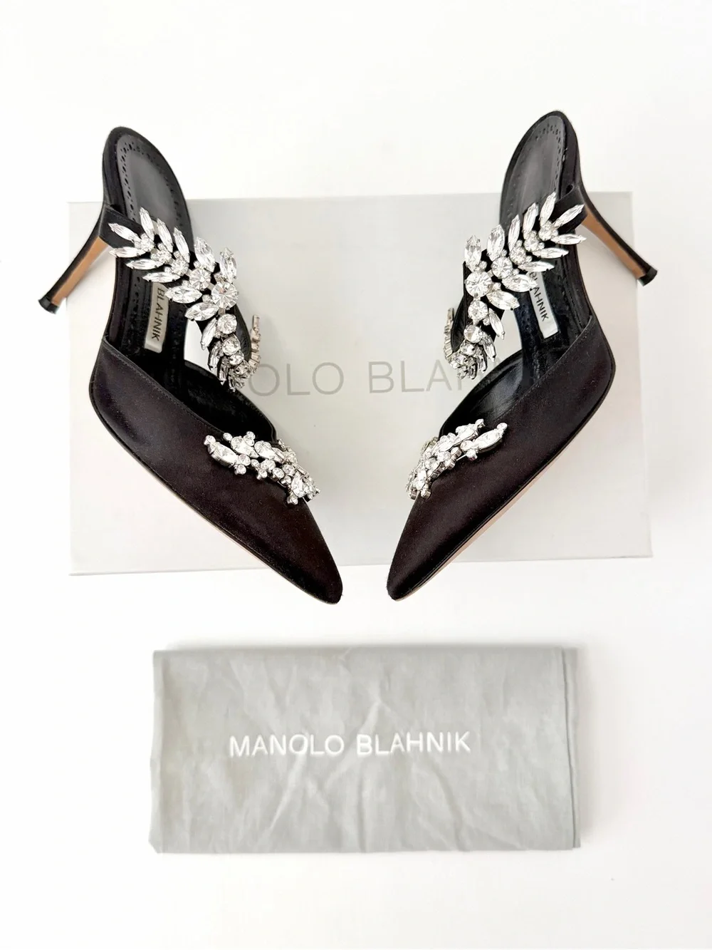 MANOLO BLAHNIK | Lurum Black Satin Crystal Embellished Mule Heels EU 37